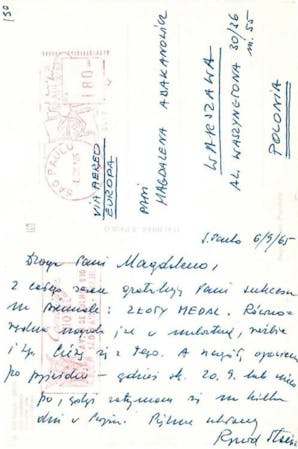 Postcard to Abakanowicz from Ryszard Stanislawski (Director, Muzeum Sztuki in Lodz and Commissioner, Polish Section, 8th Sao Paulo Biennial), 1965