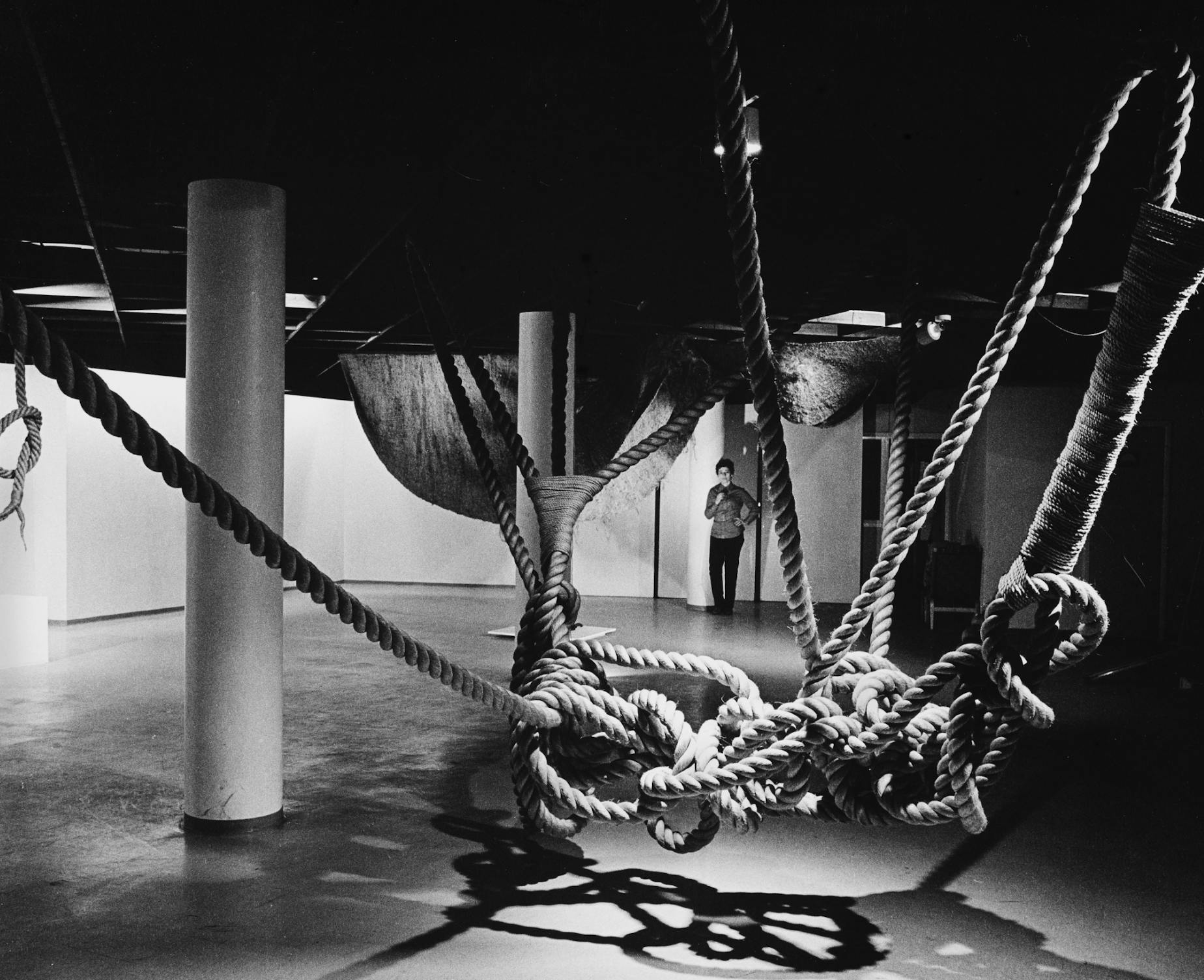 1970: Exhibition view from Magdalena Abakanowicz: Textile Sculpture, Textile Environment, Södertälje Konsthall, Sweden.
